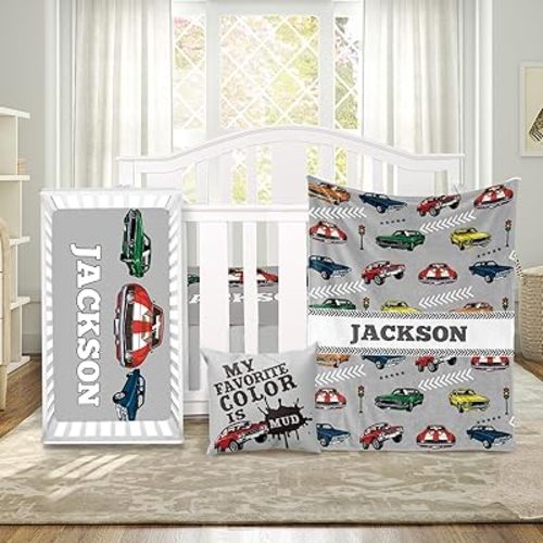 Custom Baby Crib Bedding Set 3 Piece - Personalized Name with Vehicles Design - Soft Chic Blanket, Crib Sheet, Pillowcase for Newborns Boys Girls Nursery Gifts Color04-Cars