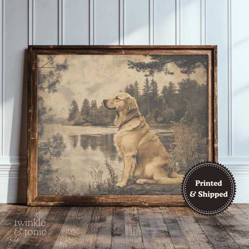 Golden Retriever Art Print, Moody Nature Poster, Dog Mom Gift, Dark Academia Painting, Vintage Lakehouse Cabin Decor, Printed and Shipped