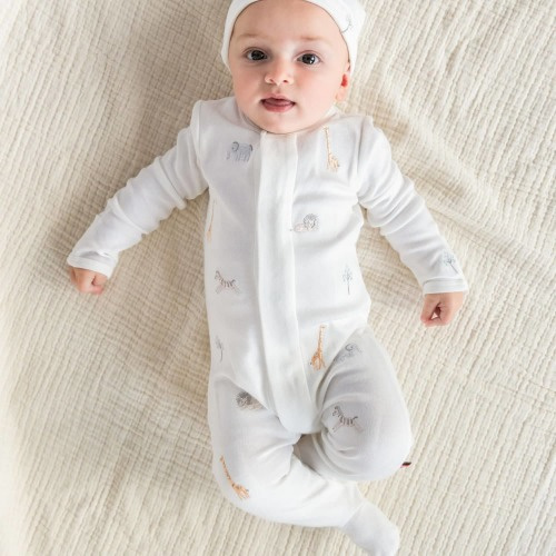 white serene safari organic cotton magnetic parent favorite footie (0-3M)