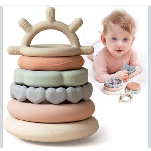 Moonkie Stacks of Circles Soft Teething Toy | Educational Learning Baby Toy | Stacking Ring Toys for Babies Boy and Girl | 7 Piece Teethers Set
