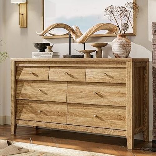 7 Drawers Dresser with Natural Texture, Farmhouse Chest of Dressers with Beveled Panel, Wooden Dresser TV Stand for Closet, Bedroom, Entryway, Living Room, Natural Oak