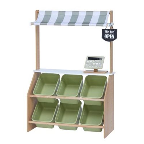 Teamson Kids Wooden Interactive Market Grocery Stand, Role Playset For Children With 6 Accessories