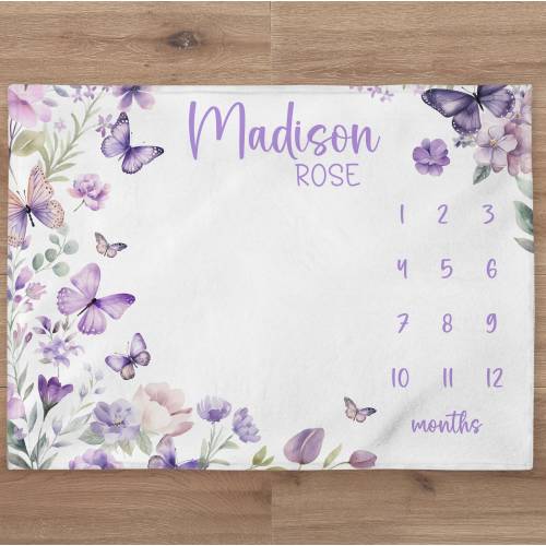 Floral Butterfly Milestone Blanket Personalized Baby Girl Month Blanket Purple Flower Nursery Custom Age Tracker New Mom Baby Shower Gift