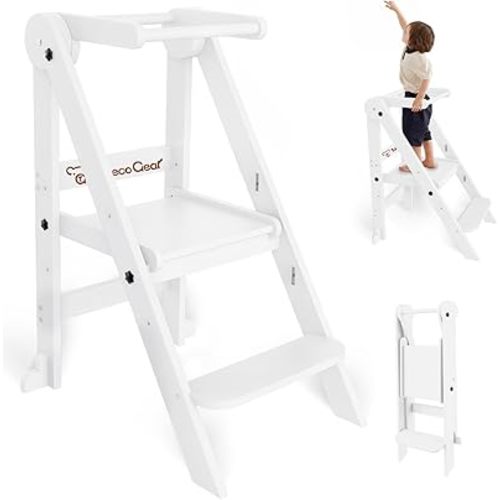 Foldable Toddler Tower, 3 Adjustable Height Toddler Standing Tower, Wooden Kids Kitchen Stool Helper with Safety Rails, Space Saving Kids Step Stool - Ages 18 Months to 6 Years