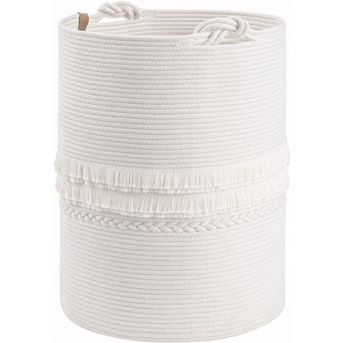 CherryNow Baby Laundry Hamper for Nursery, Tall Laundry Basket for Laundry Room, White Woven Storage Basket for Clothes, Toys, Towels, 16 x 22 inches, 69L