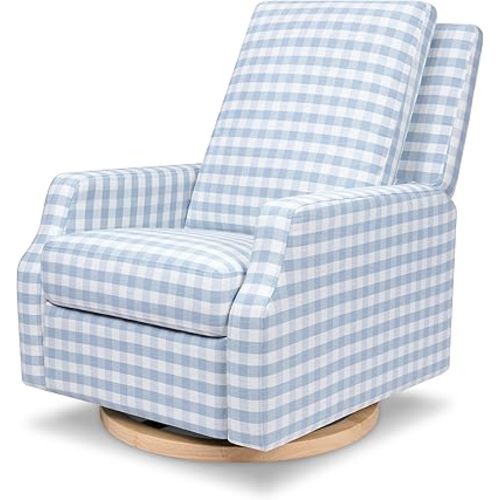 NAMESAKE Crewe Recliner and Swivel Glider in Blue Gingham with Light Wood Base, Greenguard Gold & CertiPUR-US Certified