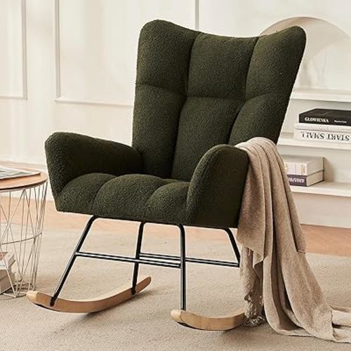 Modern Nursery Rocking Chair, Upholstered Glider Chair with High Backrest, Rocker Accent Armchair with Solid Wood Legs for Nursery Bedroom Living Room (Green Teddy)