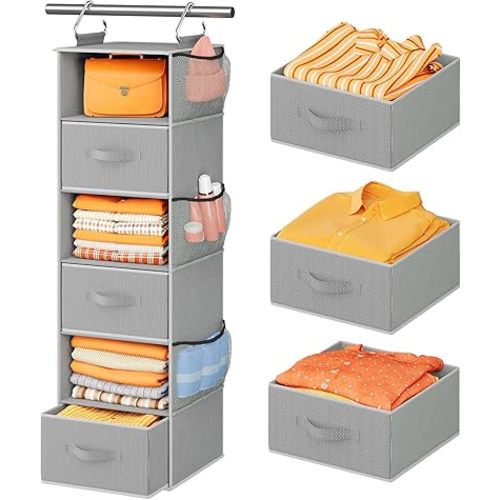 Pipishell Hanging Closet Organizer 6-Shelf, Hanging Shelves for Closet with 3 Removable Drawers & Side Pockets for Bedroom or Garment Rack, 12' x 12' x 43.3', Dark Gray