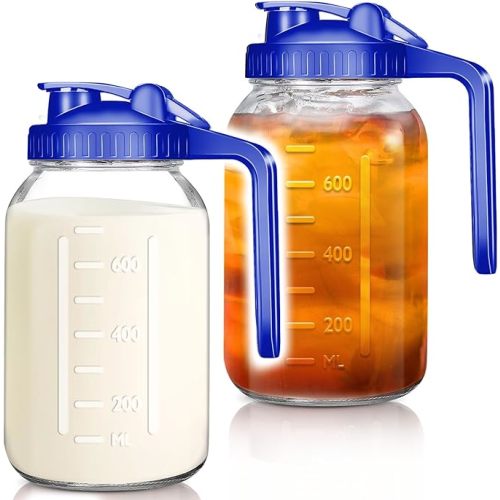 Wide Mouth Mason Jars 32 oz with Pour Spout Lids, SNGKMSYG 1 Quart Glass Pitcher with Lid, Double Leak Proof Breast Milk Pitcher for Fridge, Coffee, Water, Iced Tea (Blue, 32oz, 2 Pack)