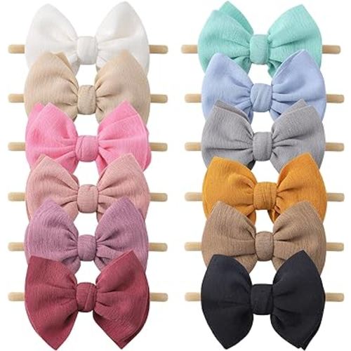 12 PCS Baby Headbands and Bows Baby Girl Bows Soft Nylon Baby Hair bands with Bows Hair Accessories for Newborn Infant Toddlers Kids