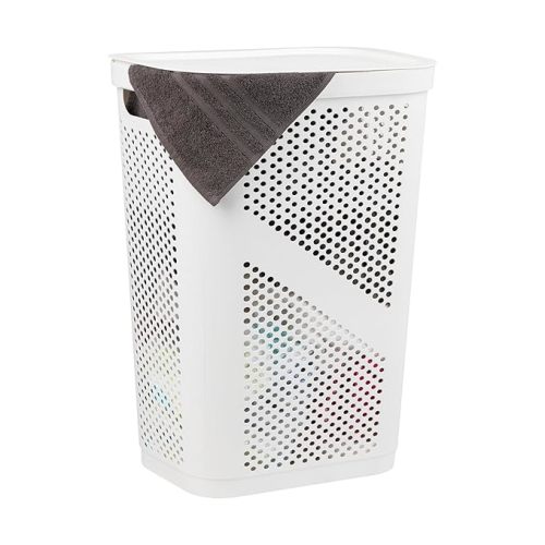 Mind Reader Slim Laundry Hamper with Lid, 60L Clothes Basket, Ventilated Plastic, White