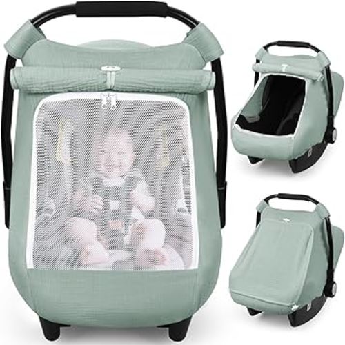 Rquite Car Seat Cover Baby, Carseat Covers Girl Boy, Breathable Muslin Cotton, Large Mesh Window, Infant Car Seat Canopy Baby Carrier Cover Stroller Sun Shade for Summer & Hot Day, Green