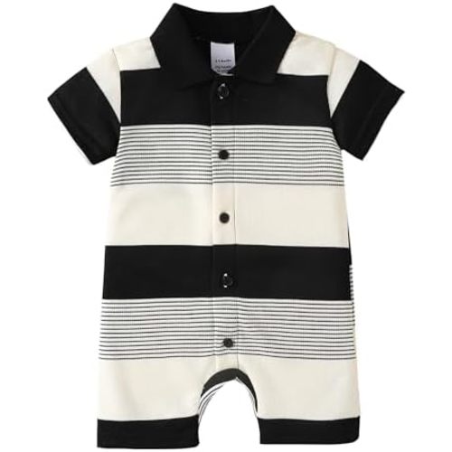 DEFAHN Baby Boy Polo Striped Romper Short Sleeve Solid Bodysuit Jumpsuit Collared Infant One-Piece Outfit