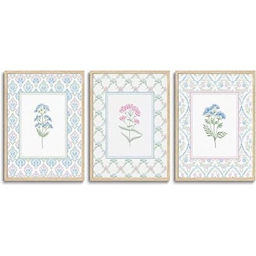 CHMMART 3 Piece Pastel Wildflower Framed Wall Art Nursery Floral Canvas Art Prints Pink Blue Botanical Pictures Wall Decor Boho Flower Painting Artwork for Bedroom Bathroom 12x16in