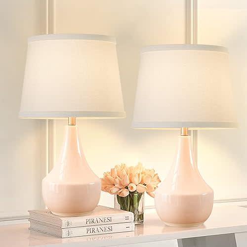 GyroVu Table Lamp Set of 2, 18.63” Ceramic Table Lamp Classic Beside Lamps Nightstand Lamp Modern Table Lamp for Living Room, Bedroom & Office Rocker Swtich Pink-LED
