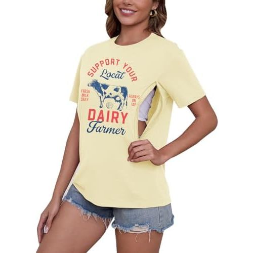Comfort Breastfeeding Shirts for Women Zip Nursing Tops Causal Distressed Acid Washed Maternity Tees
