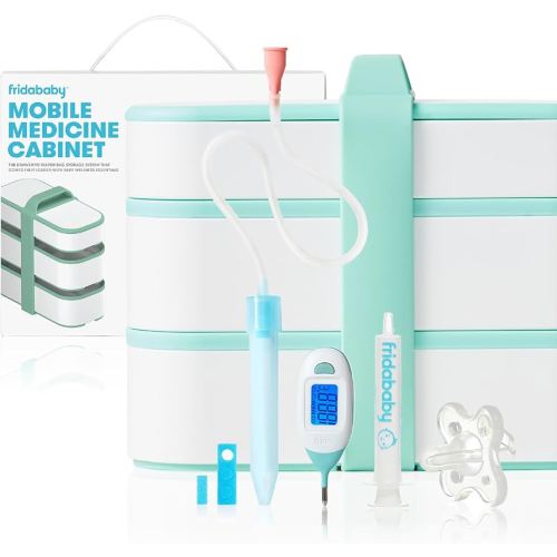 Amazon.com : Frida Baby Mobile Medicine Cabinet Travel Kit, Baby Essentials Gift Set Includes NoseFrida Snotsucker, Rectal Thermometer, MediFrida Medicine Dispenser with Portable Carrying Case : Baby