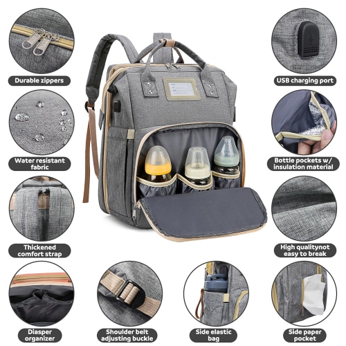 Diaper Bag Backpack, Multifunctional Baby Changing Bag with Foldable Crib & Insulated Milk Bottle Pocket, Large Capacity Travel Backpack with USB Charging Port & Stroller Strap (Grey)