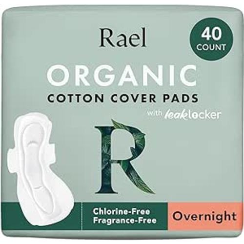 Rael Pads for Women, Organic Cotton Cover - Period Pads with Wings, Feminine Care, Sanitary Napkins, Heavy Absorbency, Unscented, Ultra Thin (Overnight, 40 Count) - 40 Count (Pack of 1)