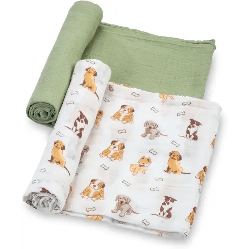 LollyBanks Swaddle Blanket | 100% Muslin Cotton | Gender Neutral Newborn and Baby Nursery Essentials for Girls and Boys, Registry | Puppies Dog 2 Pack