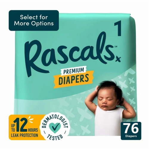 Rascals Premium Absorbent Baby Diapers Size 1, 76 Count