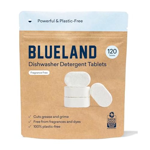 BLUELAND Dishwasher Detergent Tablets, 120 Count, Unscented 100% Plastic-Free Eco Friendly Dishwashing Pods, Natural, Sustainable