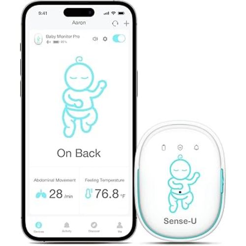 Sense-U Smart Baby Monitor Pro with Arousal Vibration, Audible and App Alerts: Tracks Abdominal Movement, Rollover/Sleeping Position, Feeling Temperature, Portable & Wearable Smart Sleep Monitor