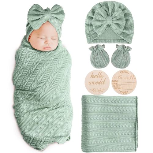 Newborn Receiving Blanket with Bow Hat Mittens Wooden Card Set Wheat-Pattern Newborns Toddler Baby Boy Girl Nursery Swaddle Wrap