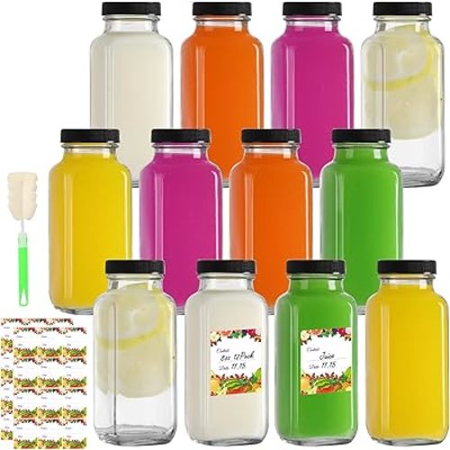 EkkoVla 12 Pack 8 oz Glass Juice Bottles with Lids, Reusable Empty Drinking Jars Juice Containers Water Cups with Brush Labels for Juicing, Smoothies, Water, Milk, Kombucha Storage
