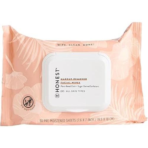 Honest Beauty Fragrance Free Cleansing Makeup Remover Facial Wipes | Plant Based, Hypoallergenic, Gentle for Sensitive Skin | 30 Count