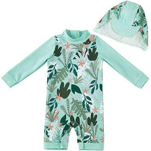 UMELOK Baby Girls Sunsuit UPF 50+ One Piece Rash Guard Swimsuit with Hat - Tropical Plants - 6-9 Months