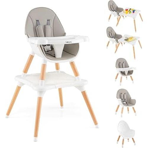 BABY JOY 6 in 1 High Chair, Convertible High Chairs for Babies and Toddlers/Booster Seat/Table and Chair Set, Infant Wooden Highchair w/ 5-Point Harness, 4-Position Removable Tray & PU Cushion (Gray)