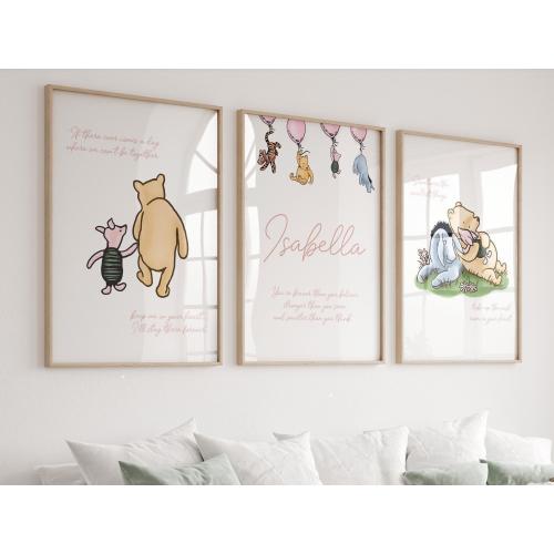 Winnie The Pooh Girl Nursery Art Set of 3 ∙ Name sign ∙ Print, Framed or Canvas
