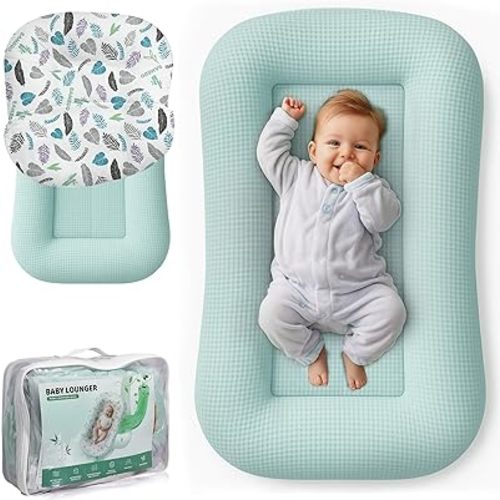 Baby Lounger for Newborn - Infant Lounger 0-24 Months with Lounger Cover, Cooling Baby Nest Lounger, Breathable Waffle Fabric & 3D Support, Portable Newborn Essentials, Blue
