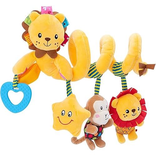 Jollybaby Baby Car Seat Stroller Toys, Plush Activity Hanging Spiral Activity Pram Crib with Music Box, Rattles, Squeaker for Babies Infant Boys Girls(Little Lion)