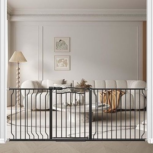 Fairy Baby 67.3"-81.1" Extra Wide Baby Gate for Stairs, Large Pet Dog Gate for Wide Openings, Pressure Mounted Safety Child Gate, Metal Auto Close Long Pet Gate for Doorways with Walk Thru Door, Black