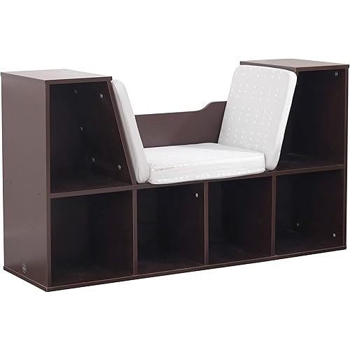 KidKraft Wooden Bookcase with Reading Nook, Six Shelves and Gray Cushion - Espresso