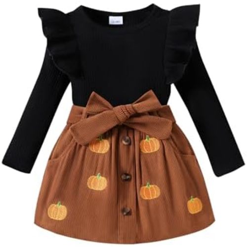 fhutpw Baby Toddler Girl Outfits Fall Knit Ruffle Long Sleeve Tops & Halloween Corduroy Button Mini Skirts Set Winter Clothes