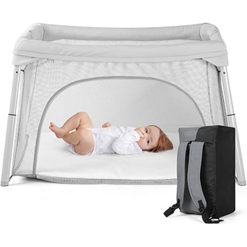 Cowiewie Travel Crib and Playard, Folding Portable Crib for Baby and Toddlers 1-3, Breathable and Washable Baby Playpen with Waterproof Mattress, Compact Travel Crib Backpack - Pearl Gray