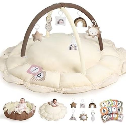 HAM-MM 5-in-1 Convertible Baby Play Gym with 6 Toys, Tummy Time Mat for Sensory Development, Baby Activity Center for Newborn & Toddler, Ball Pit, Cat & Dog Bed, Soft Pet Bed, No Ball Included Brown