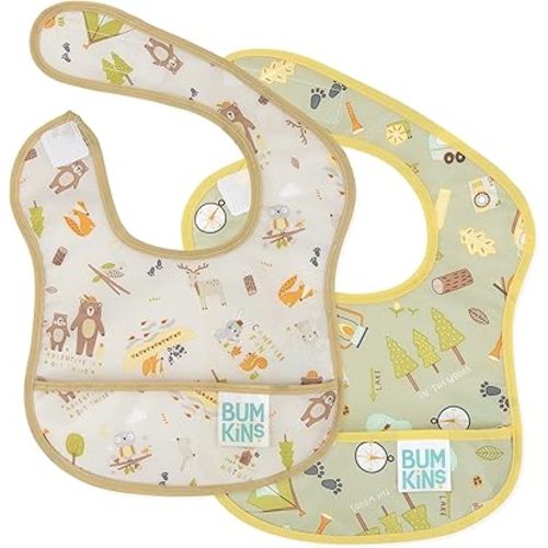 Bumkins Bibs, for Baby Girl or Boy, Infant 3-9 Months, Essential Must Have for Eating, Feeding, Baby Led Weaning Supplies, Mess Saving Waterproof Soft Fabric, Starter Bib 2-pk Camp Gear Green