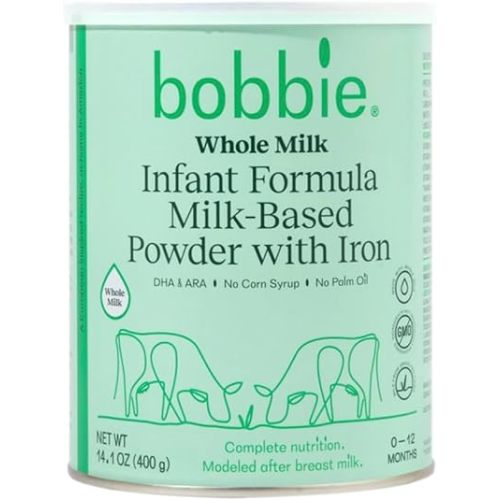 Bobbie Whole Milk, Grass Fed Baby Formula with Iron, Plant Based DHA and ARA, Vitamin D and Protein Blend Modeled After Breast Milk, For Newborn Baby to 12 Month Old, 14.1 oz