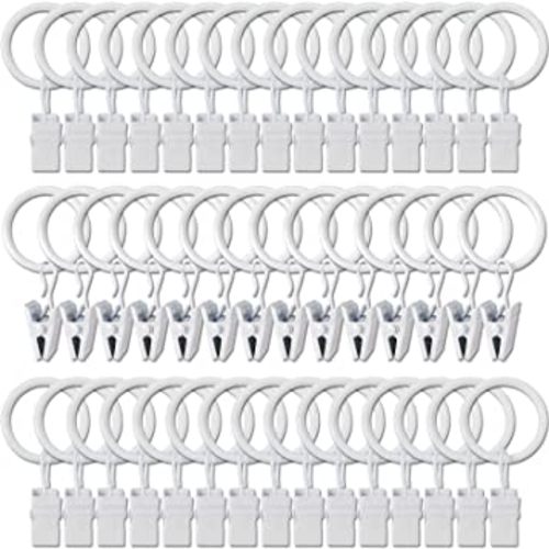 AMZSEVEN 44 Pack Metal Curtain Rings with Clips, Drapery Clips with Rings, Drapes Rings 1 in I D, Fits Diameter 6/8 in Curtain Rod, White