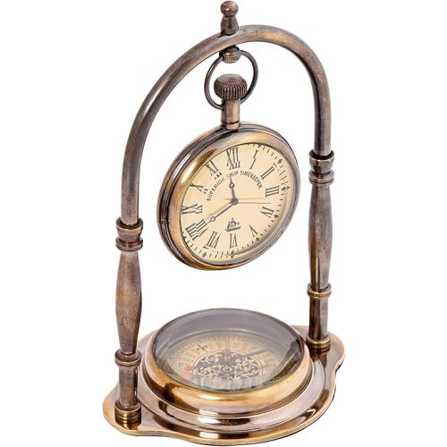 Antique Brass Table Clock Compass | Vintage Nautical Design, Elegant Home or Office Décor | Vintage Table Clock | Office Decor Accessories | Gradutation Gift for Son | Birthday Gift