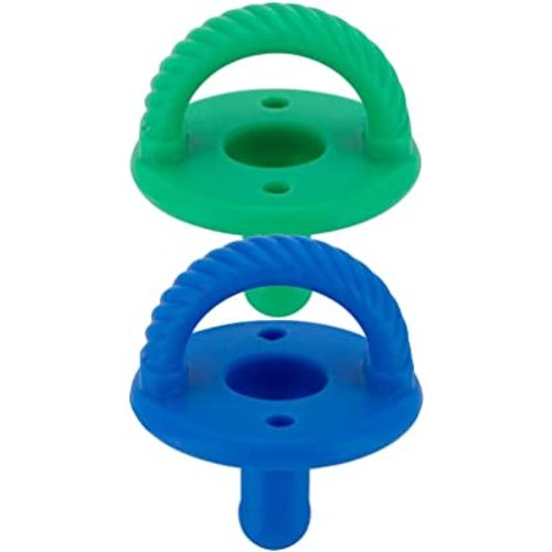 Itzy Ritzy Silicone Pacifiers for Newborn - Itzy Soother Pacifiers Feature Collapsible Handle & Two Air Holes for Added Safety; for Ages 0-6 Months, Set of 2 in Hero Blue & Clover