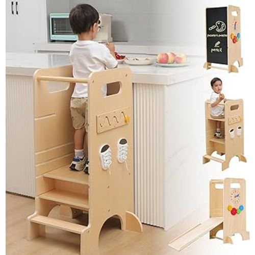 Toddler Tower, JUZBOT 4 in 1 Toddler Kitchen Stool Helper Wooden Height Adjustable Standing Tower for Kitchen Counter with Slide, High Chair, Chalkboard Montessori Activities
