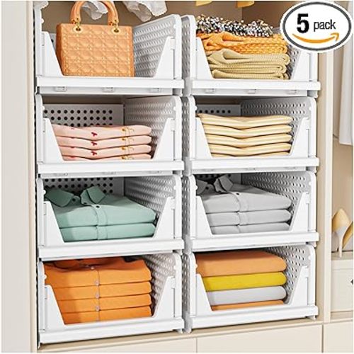 SNSLXH 5 Pack Stackable Closet Storage Basket, Multifunctional & Foldable Closet Organizer for Bathroom Kitchen Laundry Room Wardrobe Storage, Space-Saving Clothes Storage Drawer Organizer, White