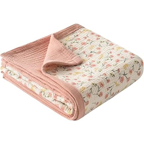 Little Jump Muslin Baby Blankets for Girls, Large 47" x 47" Cotton Crib Blanket for Baby Infant Toddler, Soft Breathable and Lightweight Toddler Quilt for Girls (Peach Floral)