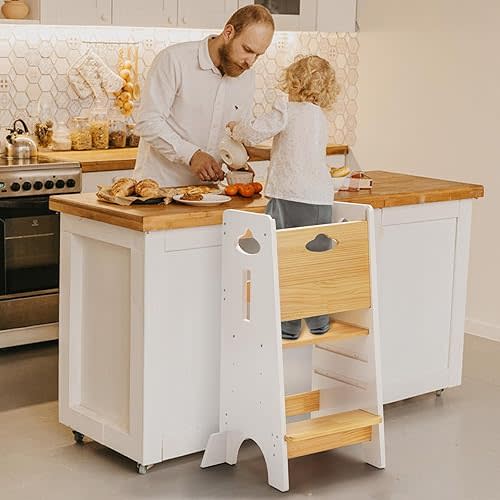 COSYLAND Toddler Standing Tower Adjustable Height - Super Stable Toddler Kitchen Stool Helper - 3 Levels Adjustable Wooden Toddler Kitchen Stool (Natural & White)