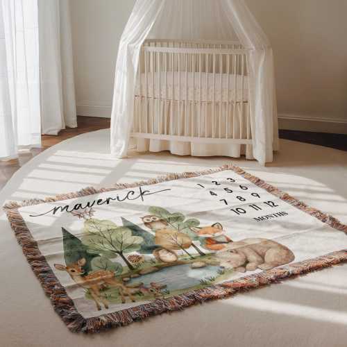 Personalized Woodland Milestone Blanket Woodland Nursery Decor Woodland Monthly Baby Blanket Forest Thme Woven Blanket for Milestone Photo